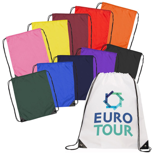 A collection of drawstring bags in various colours, including pink, yellow, green, and black, with one featuring a logo.