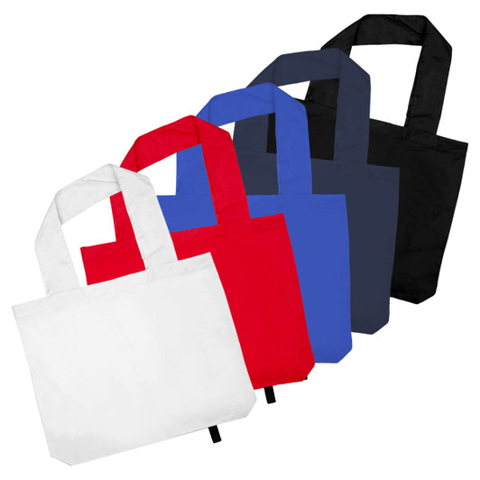 A collection of tote bags in white, red, blue, black, and navy, each with a logo.