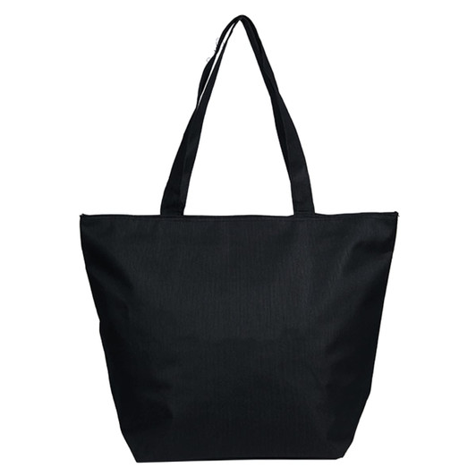 A black tote bag with two sturdy handles and a simple design. It features a branding logo.