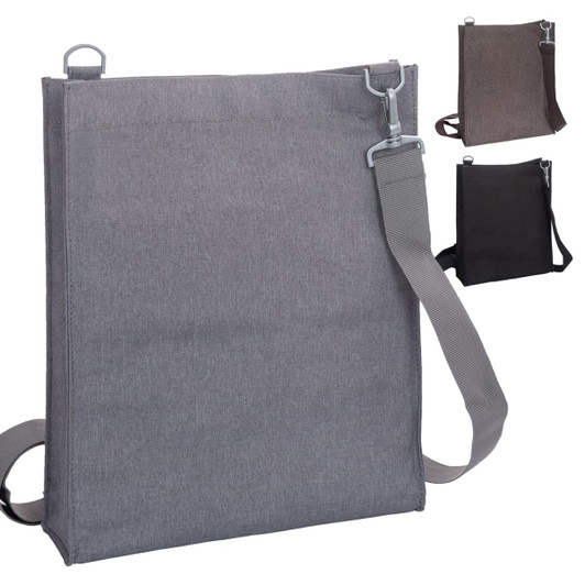 A grey nylon library bag with an adjustable shoulder strap and a metal clip, shown alongside brown and black variations.