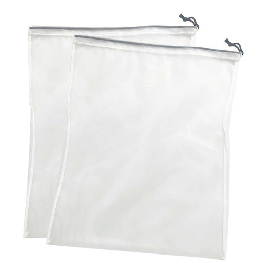 Two clear nylon mesh produce bags with drawstring closures, featuring a lightweight and breathable design.