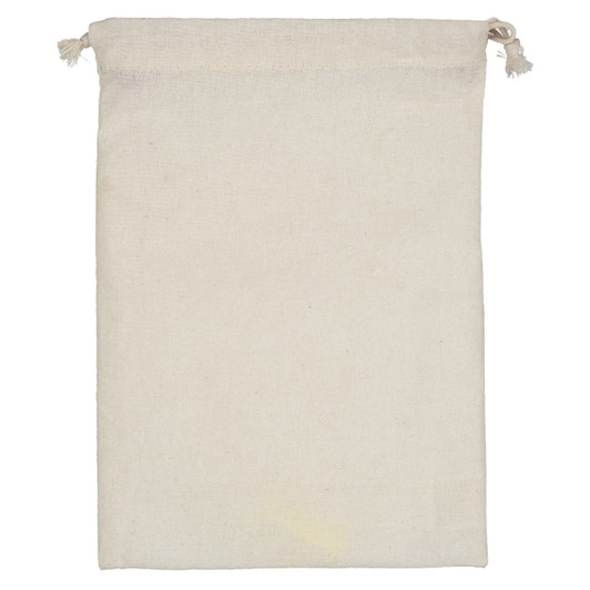 A cream-coloured nylon mesh produce bag with a drawstring closure and no visible branding.