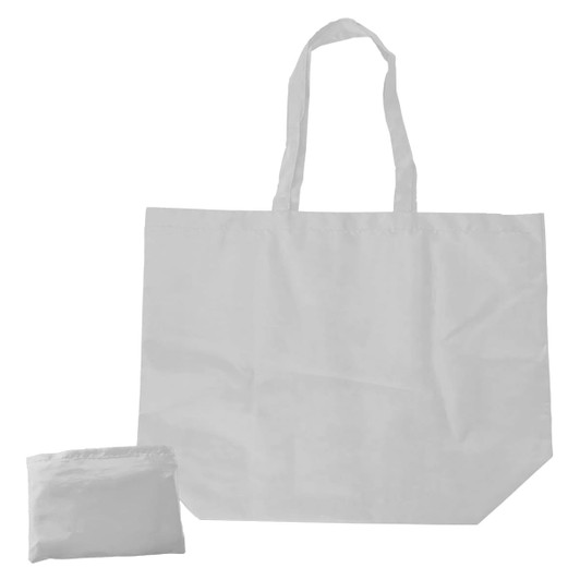 A white reusable grocery bag with two handles, accompanied by a compact pouch for storage.