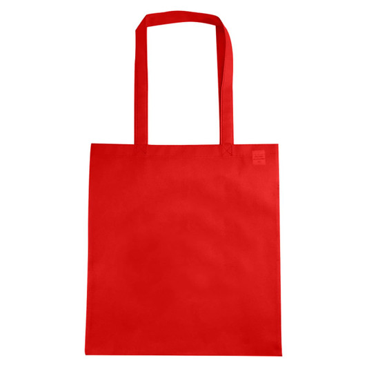 A red non-woven tote bag with V gusset and two shoulder straps. It features a logo on one side.