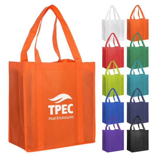 An orange non-woven shopping bag with sturdy handles and a logo, displayed alongside bags in various colours.