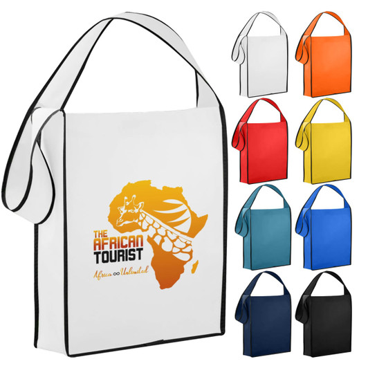 A collection of non-woven sling bags in various colours, featuring a decorative logo on the front.
