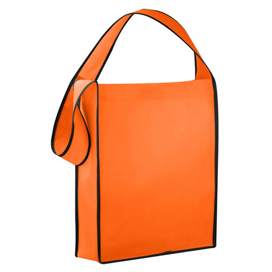An orange non-woven sling bag with black trim and a single shoulder strap. It features a logo on one side.