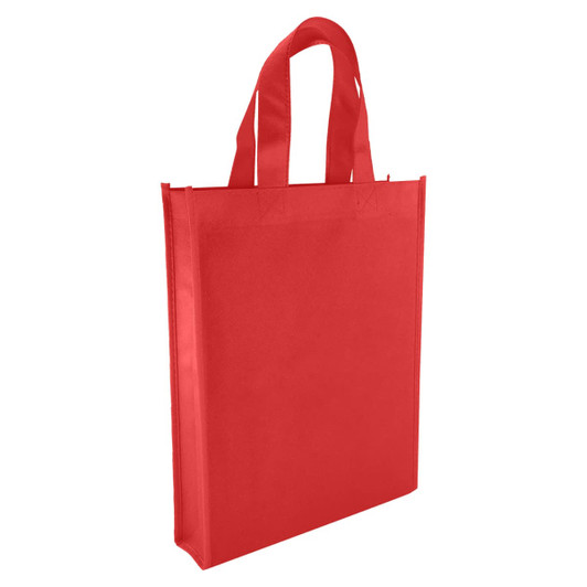 A red non-woven tote bag featuring two sturdy handles and a simple design with a logo.