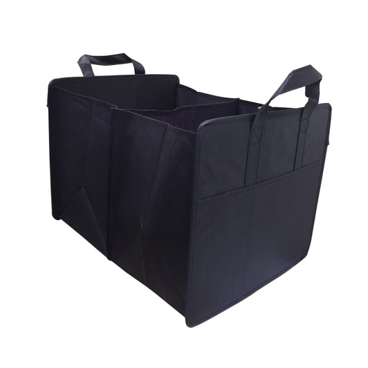 A black non-woven cargo organiser with multiple compartments and handles for easy carrying.