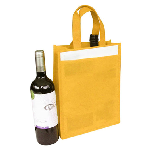 A drink bottle bag in vibrant yellow, holding a wine bottle, with a simple handle and a logo.