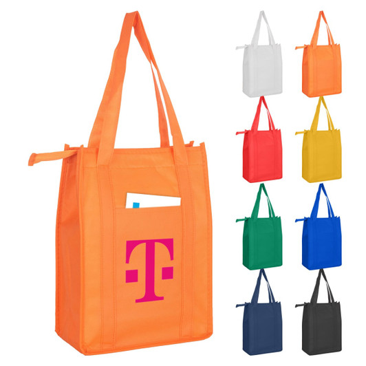 A bright orange non-woven cooler bag with a top zip closure and a logo, available in multiple colours.