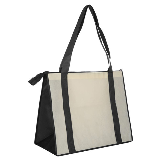 A large black and cream non-woven zipped shopping bag with two strong handles and a logo.
