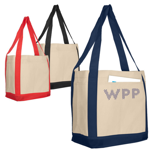 A set of three non-woven larger shopper bags in red, black, and navy, featuring a front pocket and a logo.