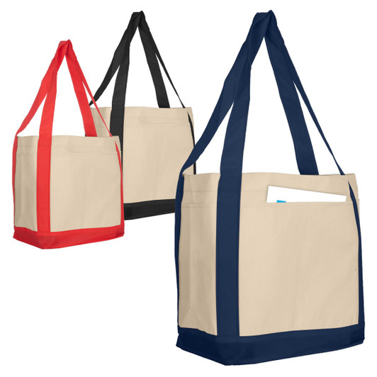 A tan reusable grocery bag in red, black, and navy, featuring handles and a pocket, with a logo on the side.