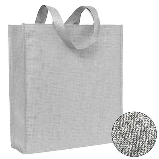 A grey patterned non-woven tote bag with two handles and a logo displayed in the corner.
