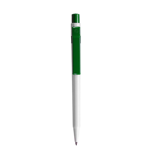 A plastic pen featuring a green grip and white barrel, complete with a branding logo.