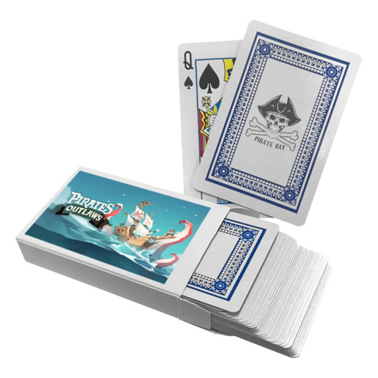 A set of classic playing cards in a decorative box, featuring blue and white designs with pirate-themed illustrations.