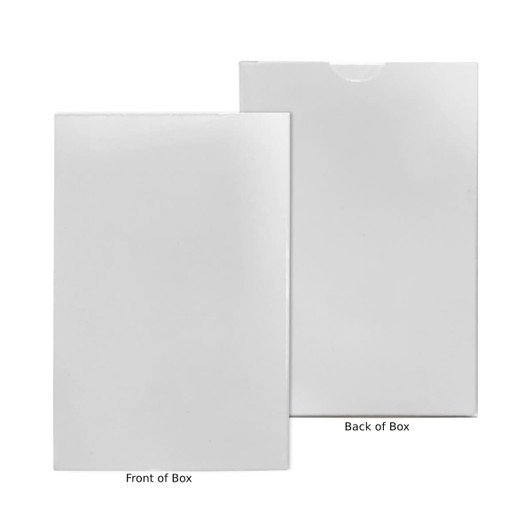 A white card box displayed from the front and back, featuring a logo on one side.