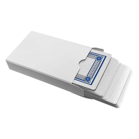 A set of classic playing cards in a white box, featuring blue designs on the cards. The box is partially open.