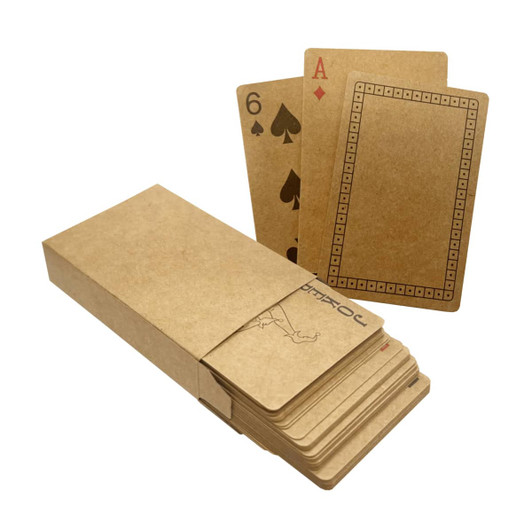 Eco-friendly recycled playing cards in a natural brown box, featuring designs in shades of brown and black.