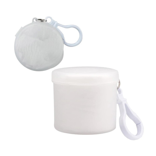 A white Cloud Poncho packaged in a round container, featuring a clip for easy attachment.