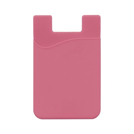 A pink mobile phone wallet with a sleek design and a wave pattern at the top. It includes a branding logo.