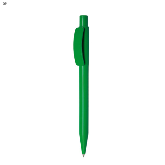 A green plastic pen with a clip. The pen has a sleek design and a black tip for writing.