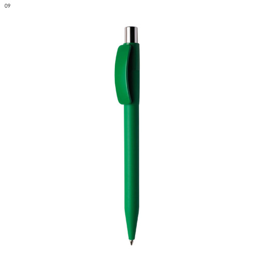 A green plastic pen with a silver clip and a smooth barrel design. It features a simple logo on the barrel.