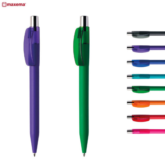 A green and a purple plastic pen are displayed, along with additional pens in various colours on the right.