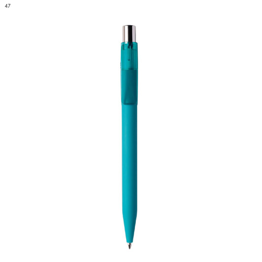 A teal plastic pen with a clear grip and a silver clip, featuring a logo on the body.