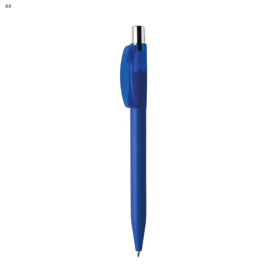 A blue plastic pen with a clip and silver details, featuring a branding logo.