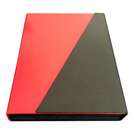 A pen sample folder featuring a vibrant red and black design, with a sleek finish and a logo on the cover.
