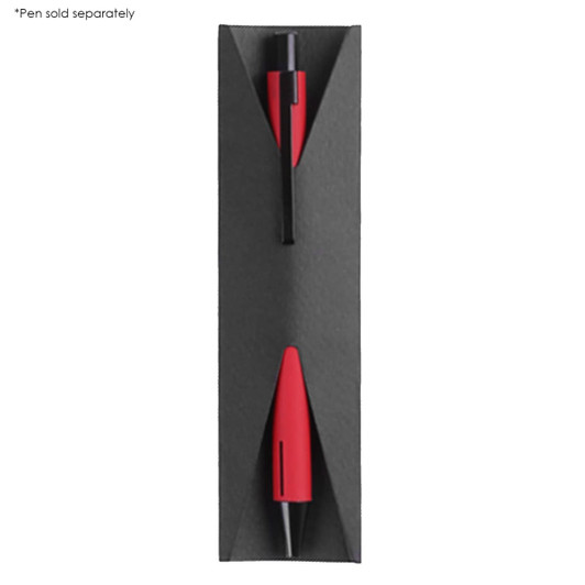 A red pen sleeve made of black material, featuring a sleek design and space for a pen. Includes a logo.