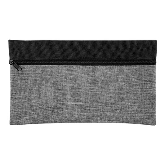 A grey pencil case with a black zip, featuring a subtle textured finish and a logo.