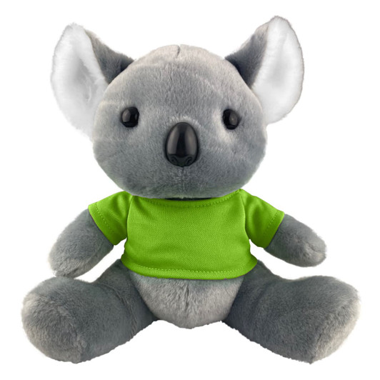 A grey koala plush toy wearing a bright green shirt, with large ears and a cute expression. It has branding on the shirt.