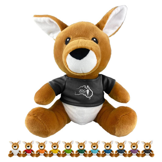 A soft brown kangaroo plush toy wearing a black shirt, displayed with a variety of other coloured plush options.