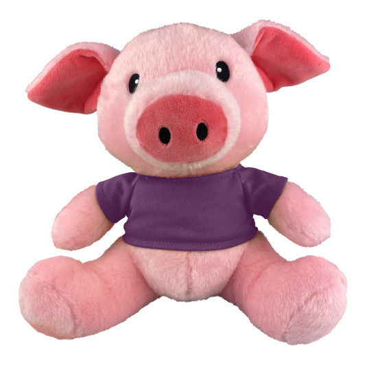 A pink plush pig toy with large ears, wearing a purple shirt. It has a friendly expression and a round snout.