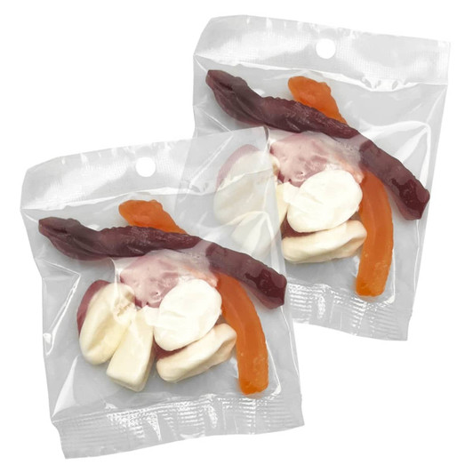 A clear packaging featuring assorted mixed jelly lollies in various colours, including red, orange, and white.