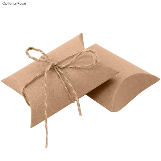 Two brown pillow-shaped boxes tied with twine, suitable for packaging snacks or party treats.