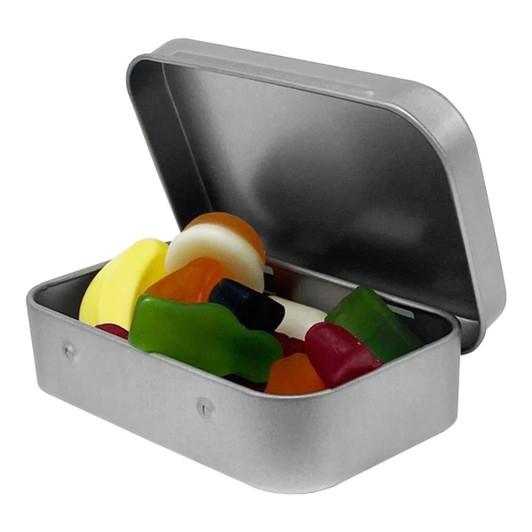 A silver tin filled with a variety of colourful jelly lollies, including bears and mushrooms.