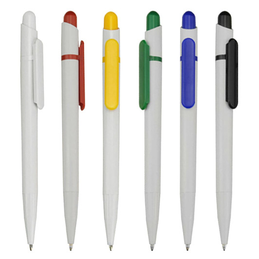 A collection of six plastic pens in white with coloured accents: red, yellow, green, blue, and black. Each pen features a clip.