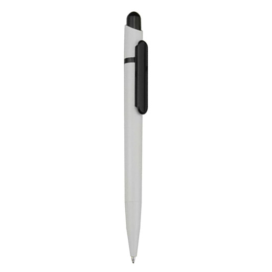 A plastic pen in white with a black clip and tip, featuring a logo on its side.