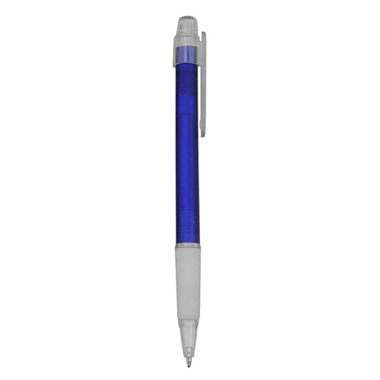 A blue plastic pen with a transparent barrel and a white grip. It has a clip and a logo on the barrel.