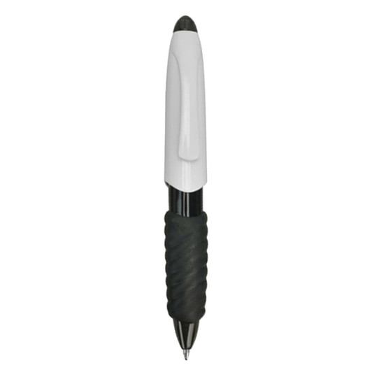 A plastic pen in white with a black rubber grip and black ink tip, featuring branding on the barrel.