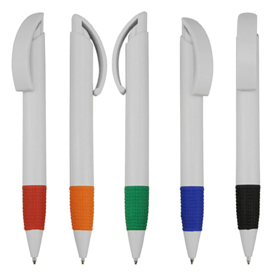 A collection of five plastic pens in white with coloured grips: orange, green, blue, and black. Each pen has a logo.