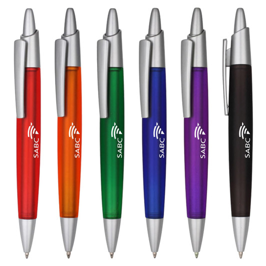A collection of plastic pens in orange, green, blue, purple, and black, each with a silver clip and branding.