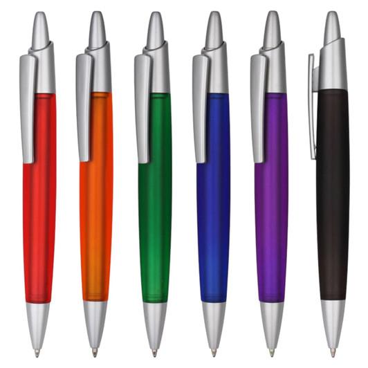 A collection of plastic pens in various colours including red, orange, green, blue, purple, and black, each with a silver accent.