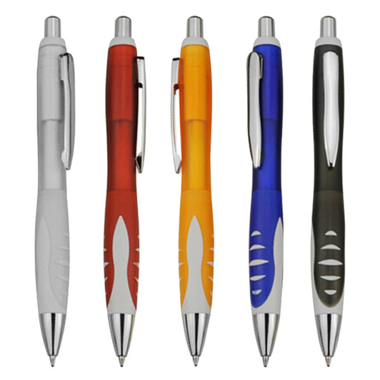 Aero plastic pens in five colours: white, red, orange, blue, and black, each featuring a silver clip and accents.
