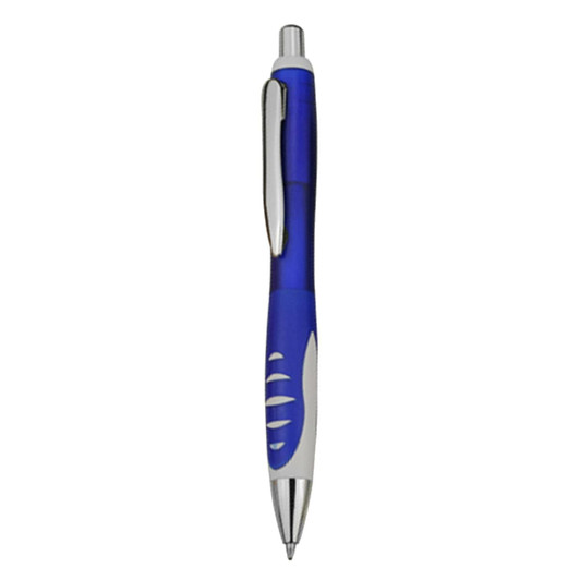 A plastic pen with a blue barrel and silver accents, featuring a logo on the side.