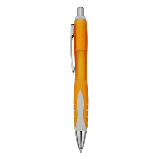 An orange plastic pen with a white grip and silver clip, featuring a rounded design and a metal tip.